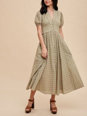 Cotton Eyelet Button Down Dress Olive Green